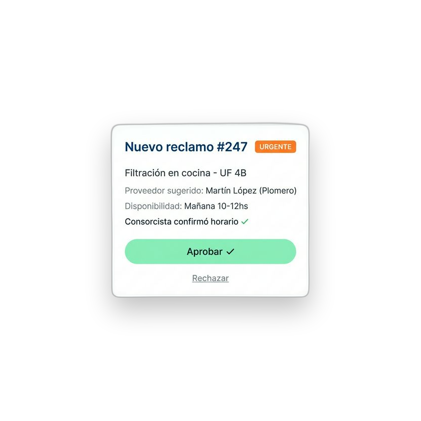 Mockup de tarjeta de aprobación con resumen de reclamo y botón Aprobar