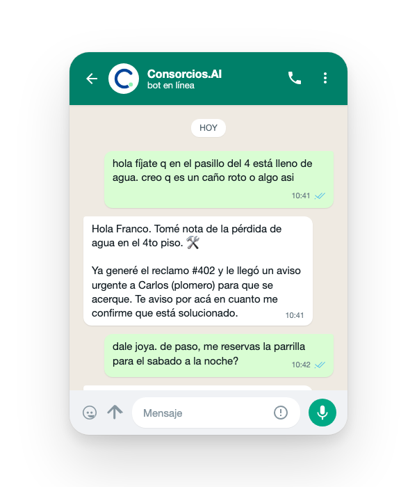 Mockup de chat de WhatsApp mostrando un reclamo de vecino y respuesta automática de la IA