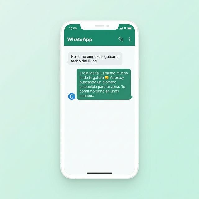 Mockup de un chat de WhatsApp donde un vecino reporta una gotera y Consorcios.AI responde coordinando un plomero
